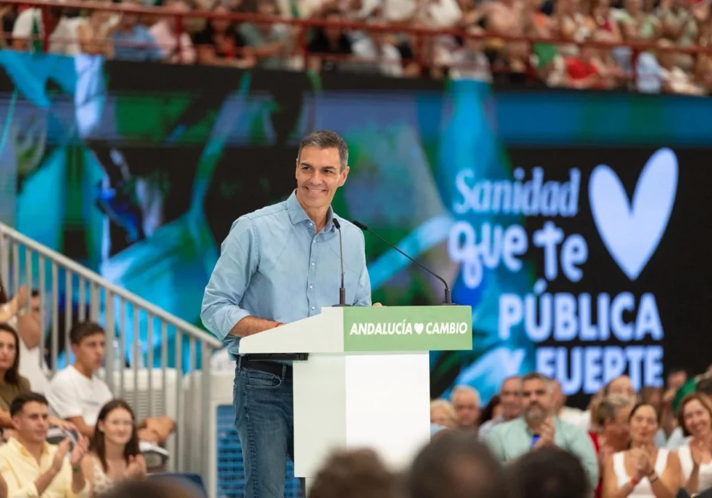 Pedro Sánchez este domingo en el acto de lanzamiento de la candidatura de María Jesús Montero a la Junta de Andalucía en Málaga O.P.