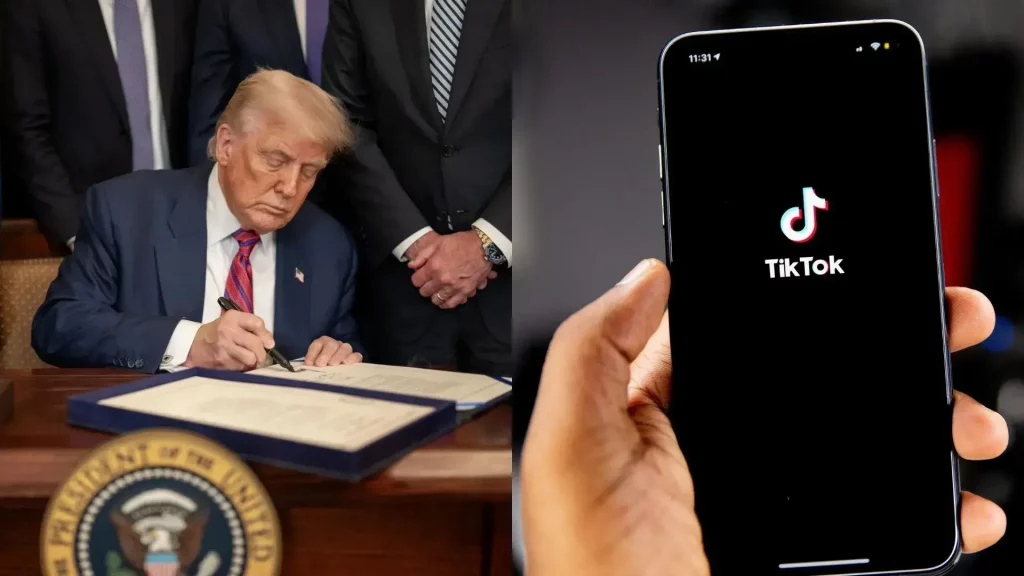 Presidente Donald Trump firmando orden ejecutiva (izquierda) y aplicación TikTok en pantalla (derecha) / White House official website/Solen Feyissa / Fuente no disponible