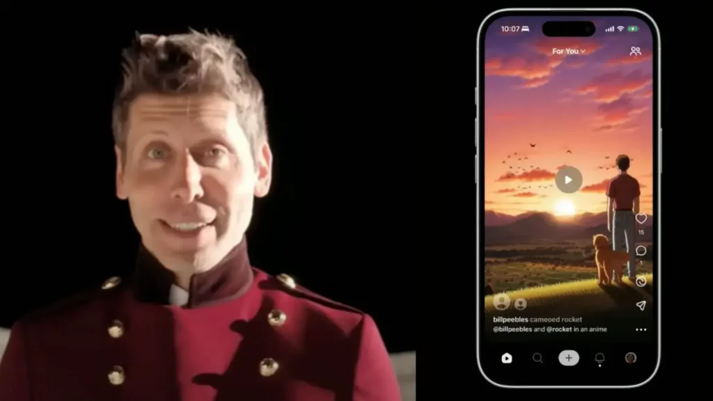 Sam Altman en video de Sora (izquierda) Interfaz de la app Sora (derecha) / Autor no disponible / Fuente no disponible