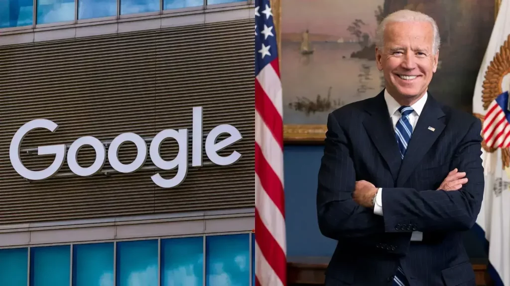 Logo de Google en oficina corporativa (izquierda) y retrato oficial de Joe Biden (derecha) / NurPhoto/Getty Images & Wikimedia Commons / Fuente no disponible