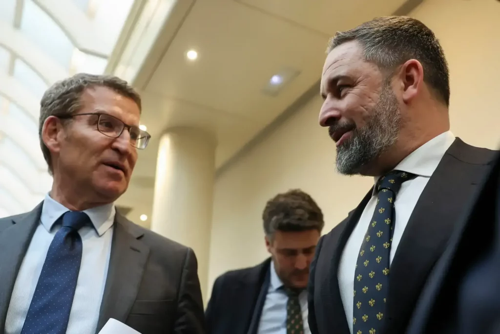 Alberto Núñez Feijóo y Santiago Abascal conversan en el Congreso