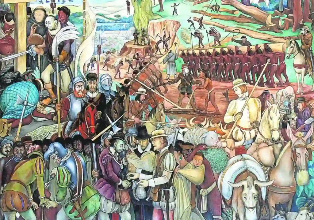 Diego Rivera recreó en este mural que se expone en el Palacio Nacional su versión de la conquista de México. R. C.