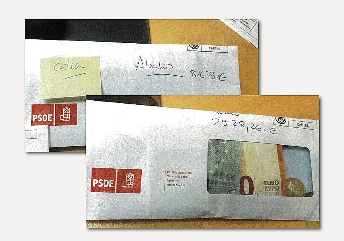 Imagen del sumario de los sobres con el anagrama del PSOE entregados a Ábalos y Koldo R.C.