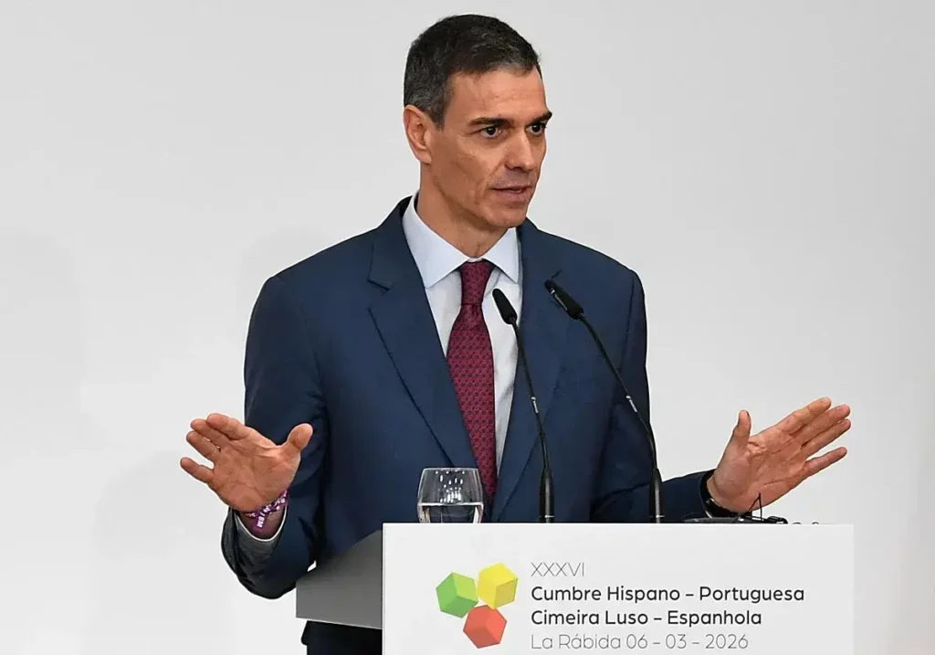 Pedro Sánchez durante su comparecencia en La Rábida, Huelva.