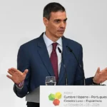Pedro Sánchez durante su comparecencia en La Rábida, Huelva.