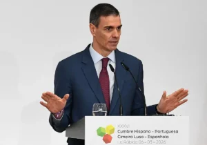 Pedro Sánchez durante su comparecencia en La Rábida, Huelva.