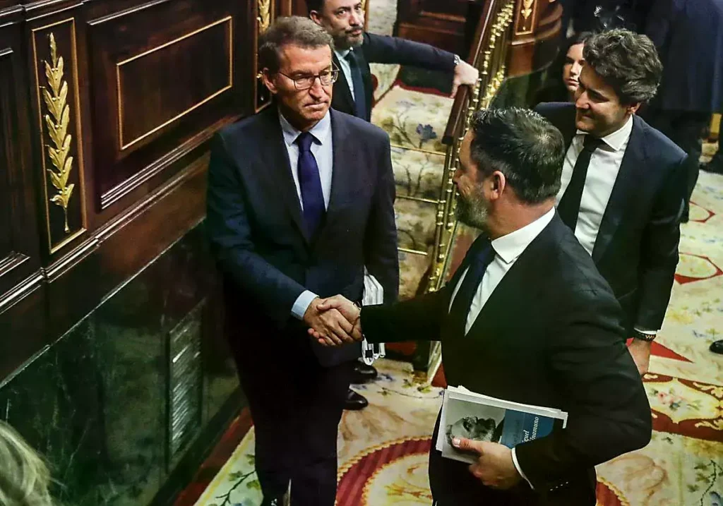 Alberto Núñez Feijóo y Santiago Abascal se saludan en el Congreso.