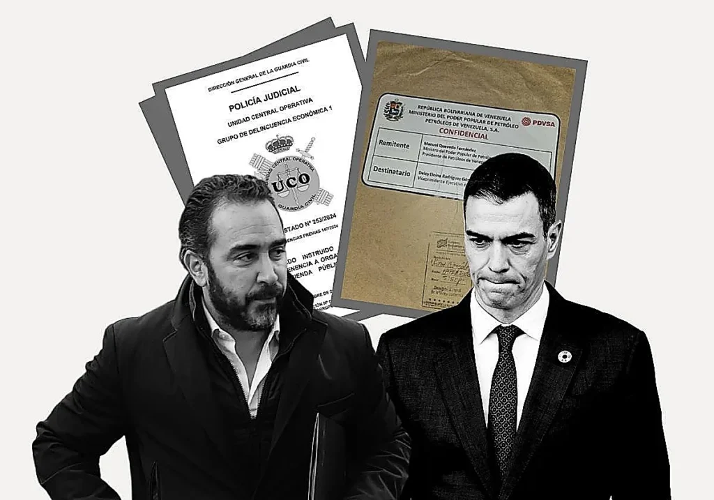 Víctor de Aldama y Pedro Sánchez e imagen del sumario del sobre R.C. / LA VERDAD