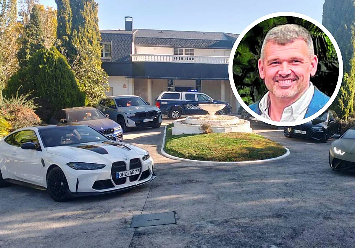 Vivienda con los vehículos deportivos vinculada al grupo criminal y en la foto, el exjefe de la UDEF Óscar Sánchez. R. C. / LA VERDAD