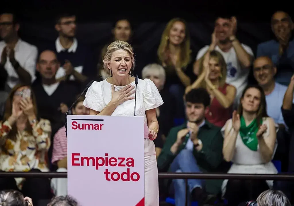 Yolanda Díaz durante el acto en el Magariños de abril de 2023.