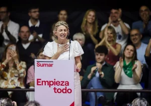 Yolanda Díaz durante el acto en el Magariños de abril de 2023.