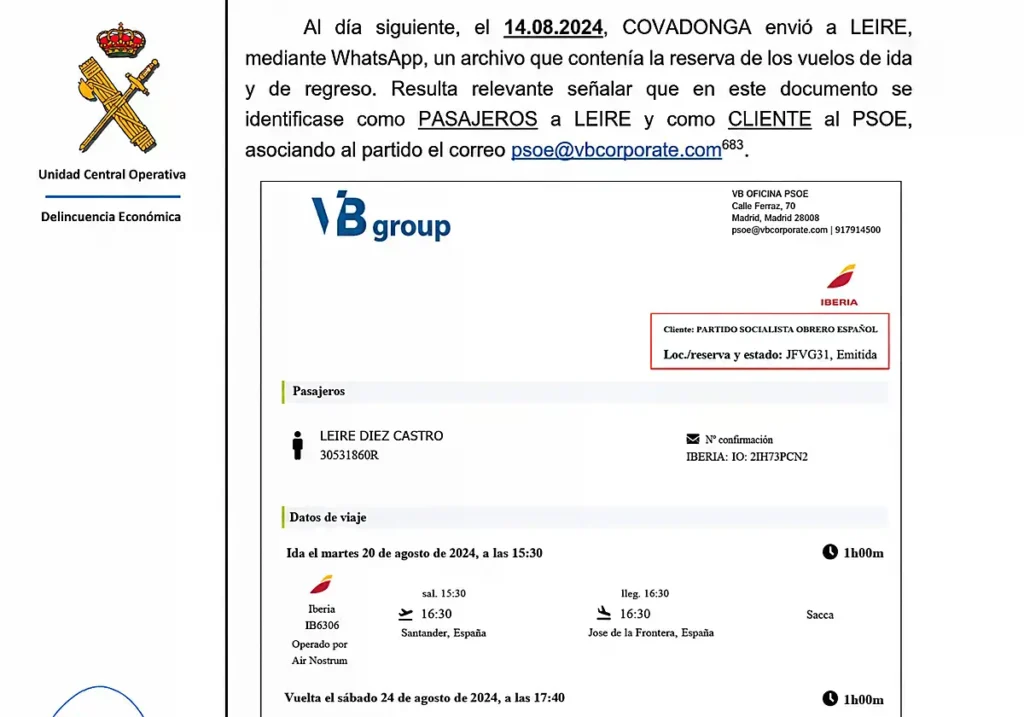 Uno de los billetes de Leire Díez pagados por el PSOE recuperados por la UCO.