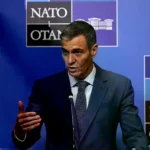 El presidente Pedro Sánchez interviene durante una rueda de prensa en la Cumbre de la OTAN.